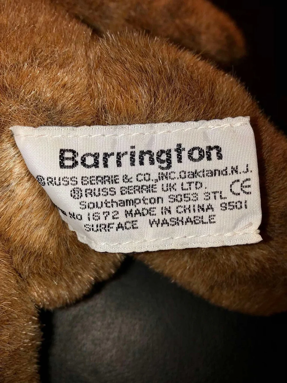 Vintage Barrington brown teddy bear made by Russ Berrie